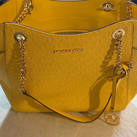 Michael Kors Handbags - Michael Kors Jet Set Large Signature Logo Yellow Shoulder Tote Bag